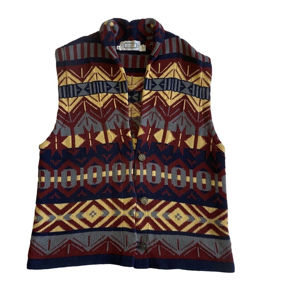 Vintage 80s/90s SAGE by Liz Ence Hand Loomed Art Deco Cotton Vest Grandpa Core M - Picture 2 of 10